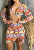 Temperament Plaid Long-Sleeved V-Neck Fashion Casual Two-Piece Suit