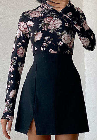 Lace Stitching Printing Sling Dress Suit