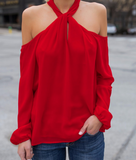 Women'S Solid Color Strapless Hanging Neck Long-Sleeved T-Shirt
