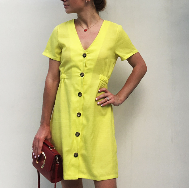 Solid Color V-Neck Slim Single-Row Button Dress