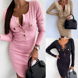 Solid Color Sexy Round Neck Slim Long Sleeve Dress