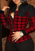 Temperament Plaid Stitching Red Long-Sleeved Shirt