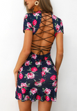 Women's Printed V-Neck Short Sleeve Open Back Dress