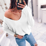 Women's Sexy V-neck Long Sleeve Solid Color Loose Sweater