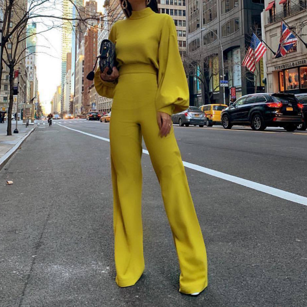 Solid Color High Neck Open Back Long Sleeve Casual Jumpsuit