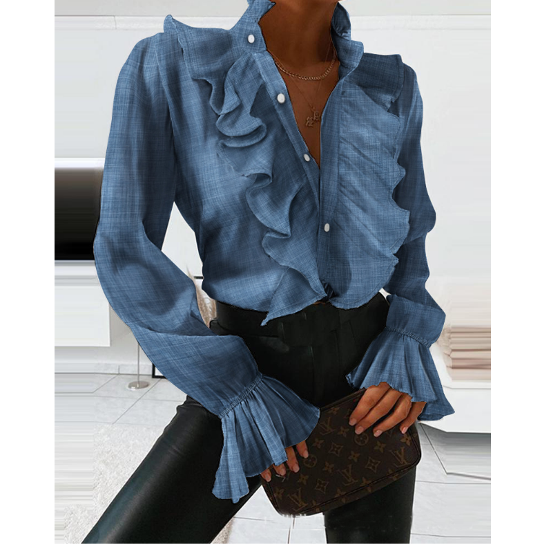 Solid Color Cardigan Ruffled Long Sleeve Shirt