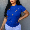 Short Sleeve Stretch Beaded Butterfly Round Neck Plus Size T-Shirt