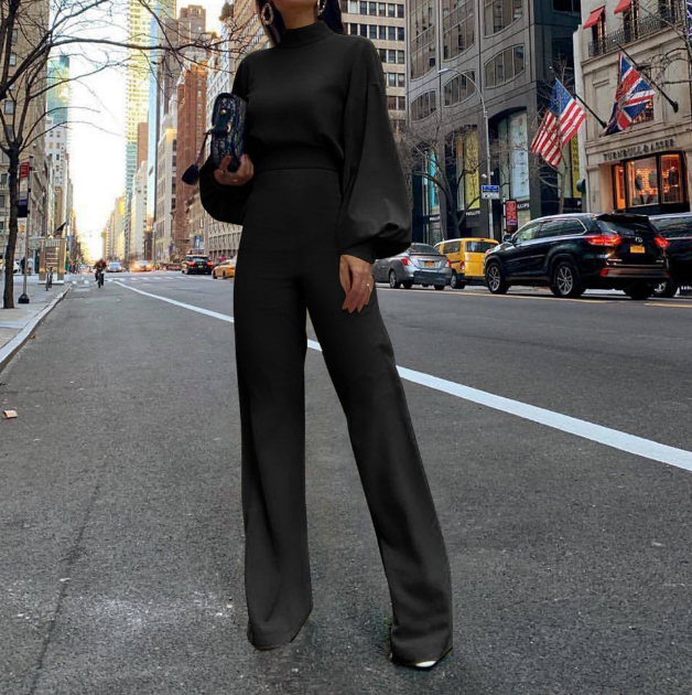 Solid Color High Neck Open Back Long Sleeve Casual Jumpsuit