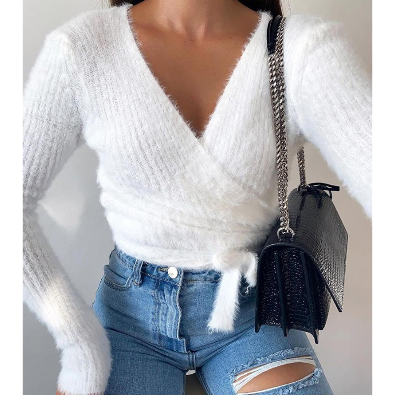 Solid Color White Women'S Long Sleeve Cross Knit Top