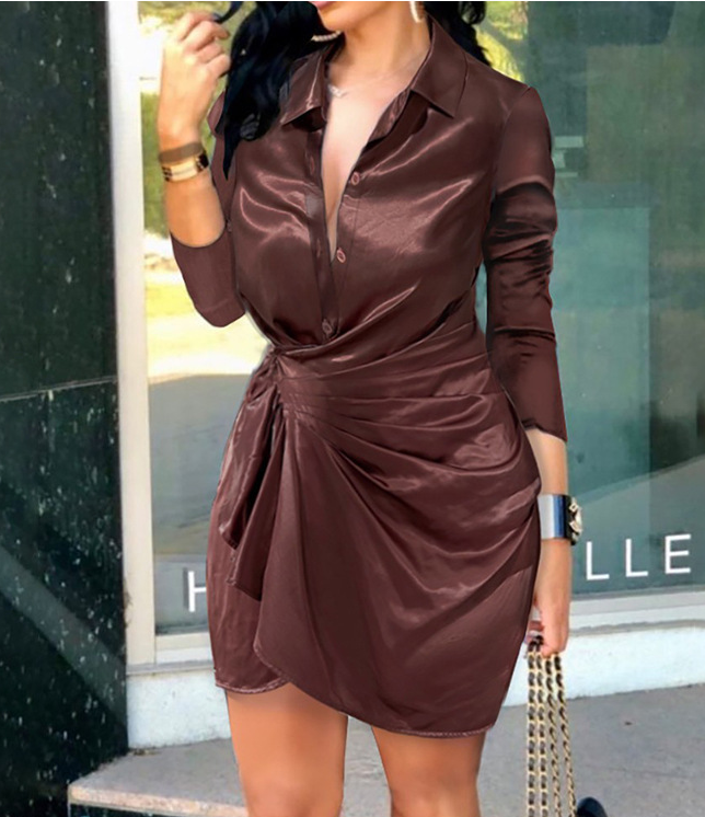 V-Neck Solid Color Long-Sleeved Dress