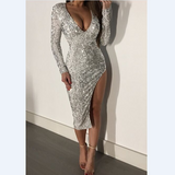 Fashion Sexy V-Neck Sequined Long Sleeve Dress