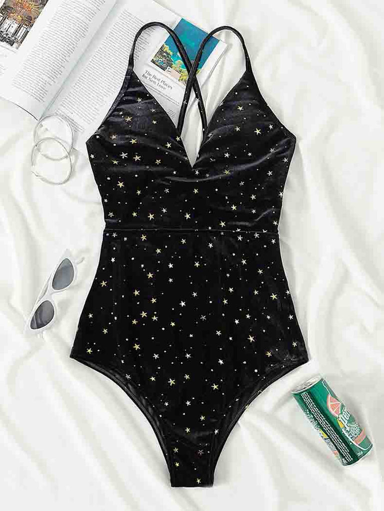 Black Sexy Deep V Backless One Piece Swimsuit
