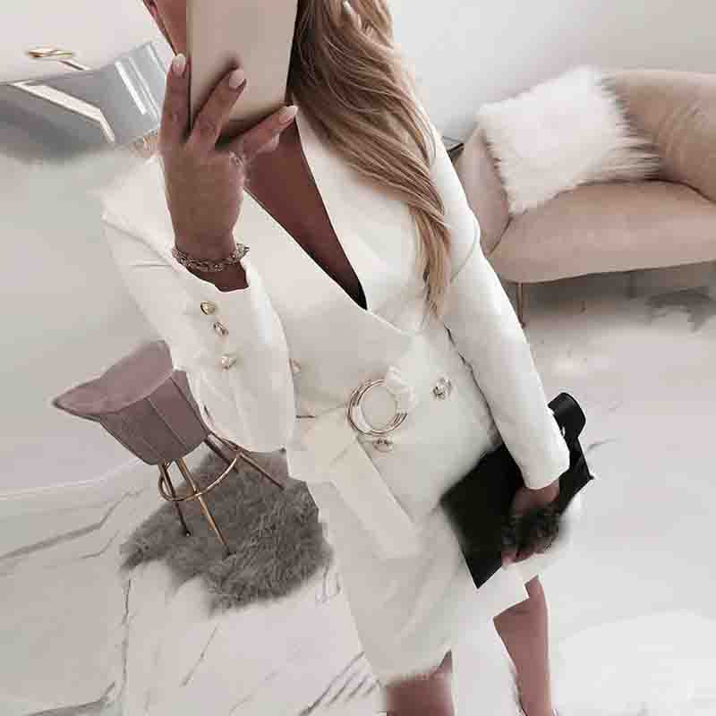 Solid Color White V-Neck Slim Long Sleeve Dress