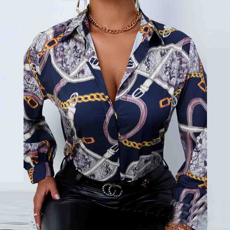 Chain Print Loose Long-Sleeved Button Casual Shirt