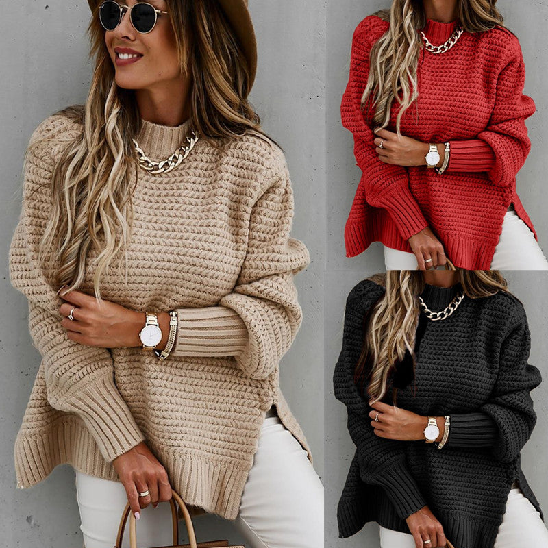 Women Solid Color High-Necked Knit Sweater