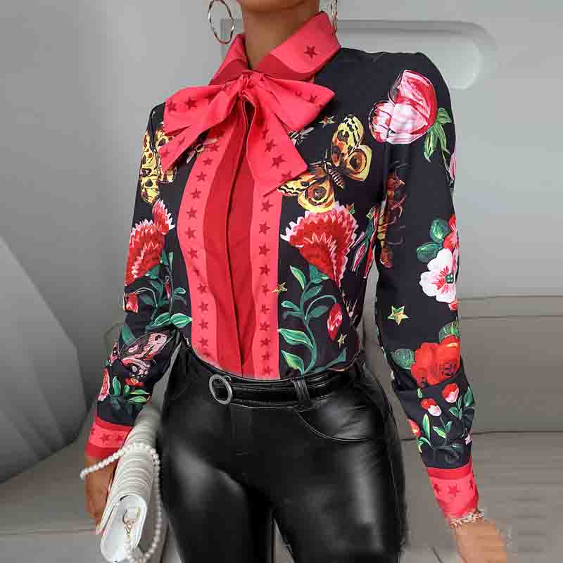 Butterfly Print Star Red-Trimmed Lapel Long-Sleeved Shirt
