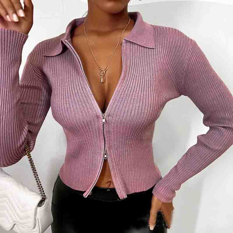 Solid Color Long-Sleeved Pink Zipper Cardigan Sweater