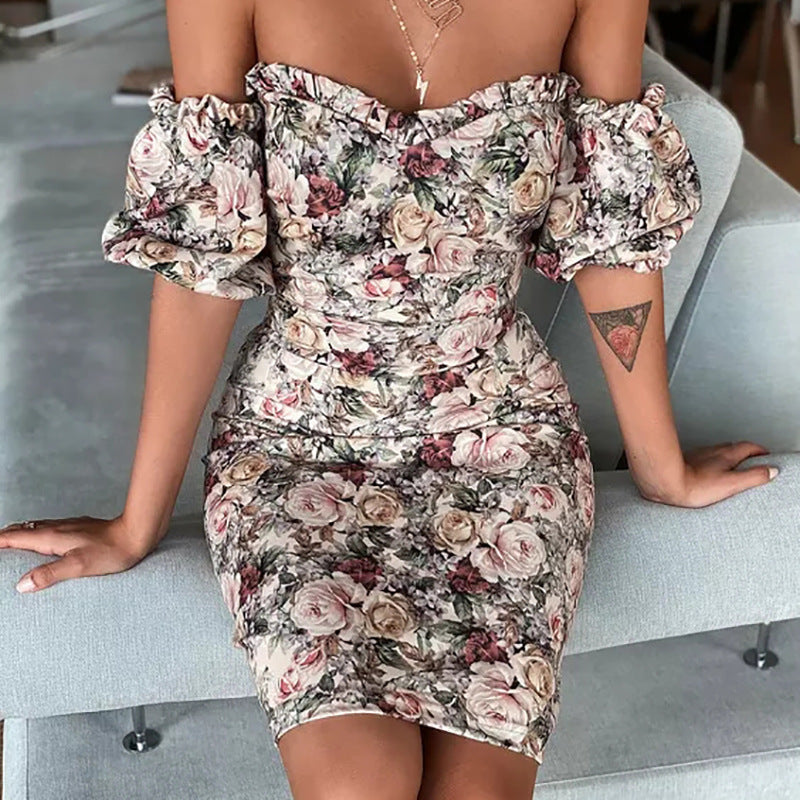 Printed Sexy Wrapped Chest Short Sleeve Dress