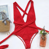Solid Color Sexy Deep V Open Back High Waist One-Piece Swimsuit