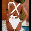 Solid Color Sexy Deep V Open Back High Waist One-Piece Swimsuit