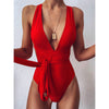 Solid Color Sexy Deep V Open Back High Waist One-Piece Swimsuit