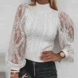 Solid Color Long-Sleeved White Lace Sweater