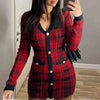 Sweet V-Neck Red Plaid Long-Sleeved Cardigan Tight Dress