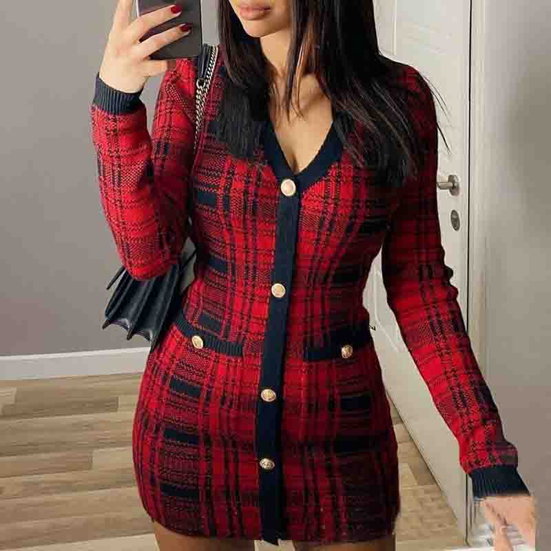 Sweet V-Neck Red Plaid Long-Sleeved Cardigan Tight Dress