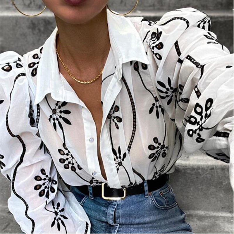 Design Retro Puff Sleeve Embroidered Shirt Top