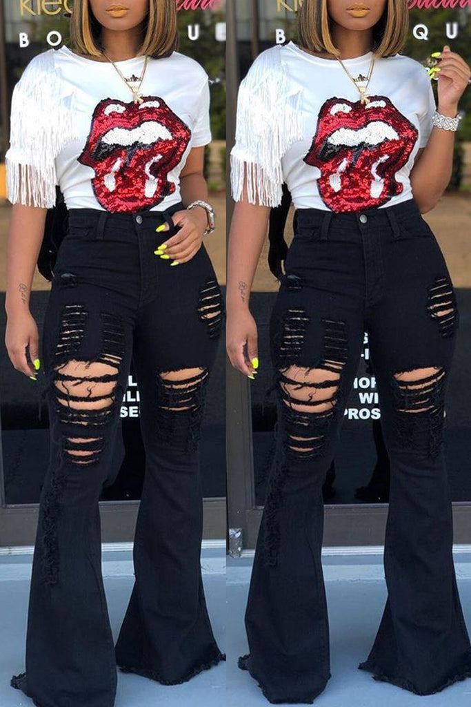 High Waist Retro Stretch Ripped Bell-Bottoms Jeans