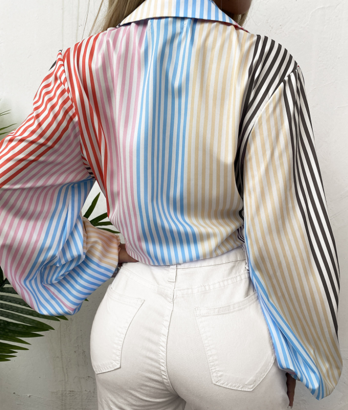 Long Sleeve Stripe Print Chiffon Blouse