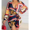 Sexy Printed Long Sleeve Deep V-Neck High Waist Dress