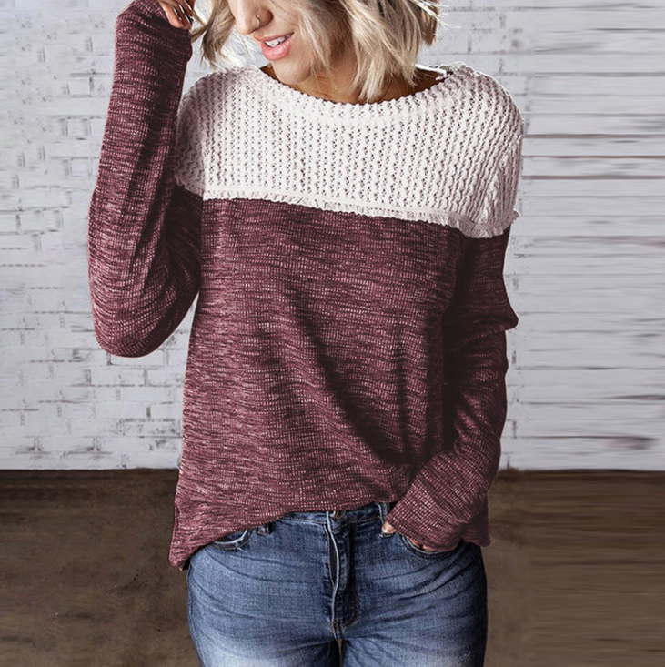 Long Sleeve Knit Splicing Round Neck Loose Sweater