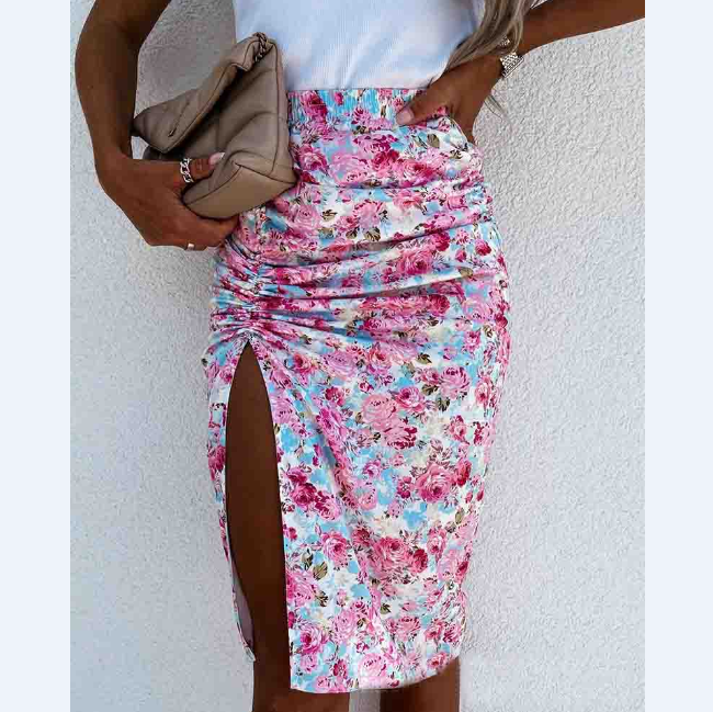 Casual Pink Floral Slit Skirt