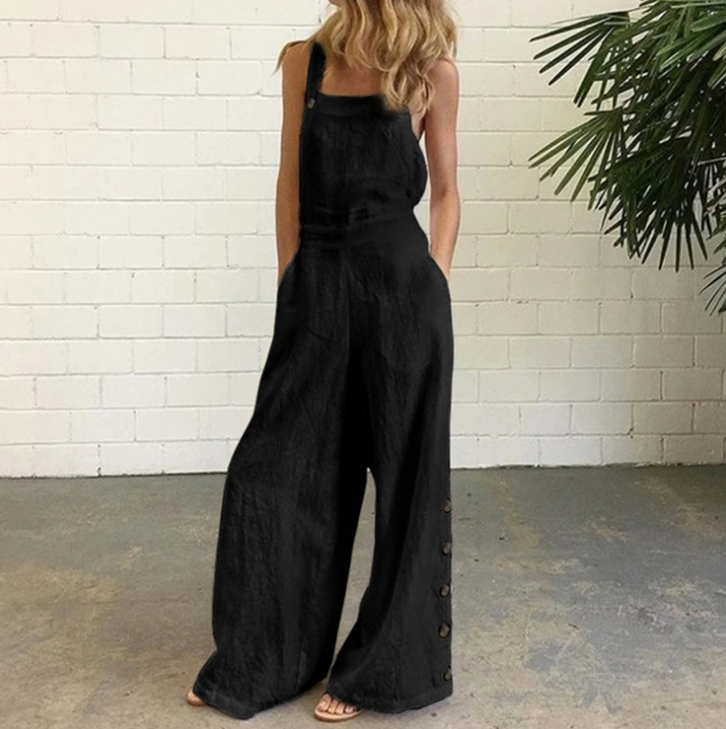 Solid Color Sleeveless Retro Pocket Casual Jumpsuit