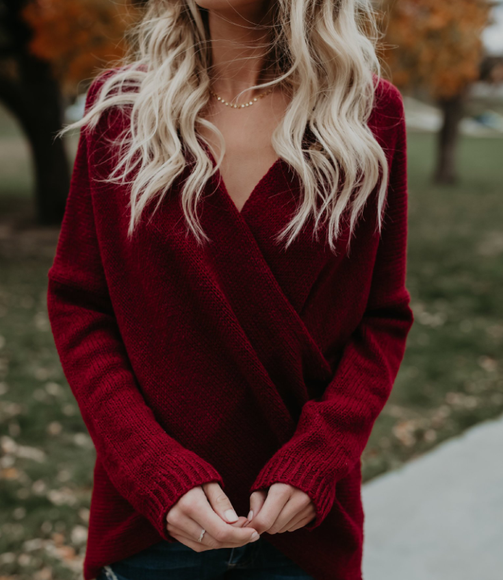 Women's V-neck Knit Long Sleeve Sweater