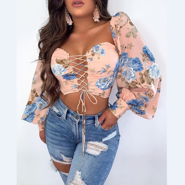 Long Sleeve Floral Drawstring Lace-Up Blouse