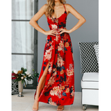 Up V-Neck Floral Print Lace Maxi Dresses
