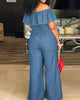 Sexy One-Shoulder Ruffled Plus Size Denim Jumpsuit