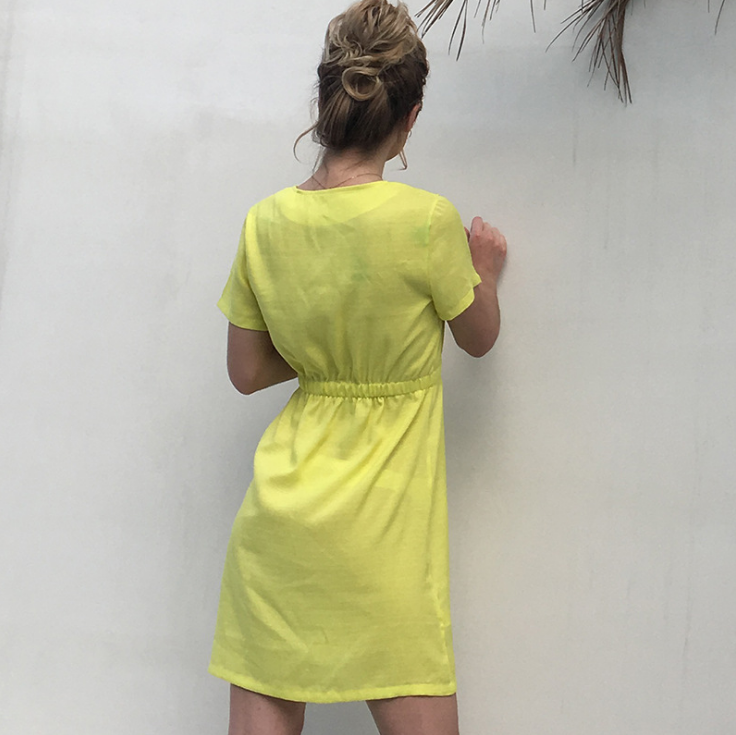 Solid Color V-Neck Slim Single-Row Button Dress