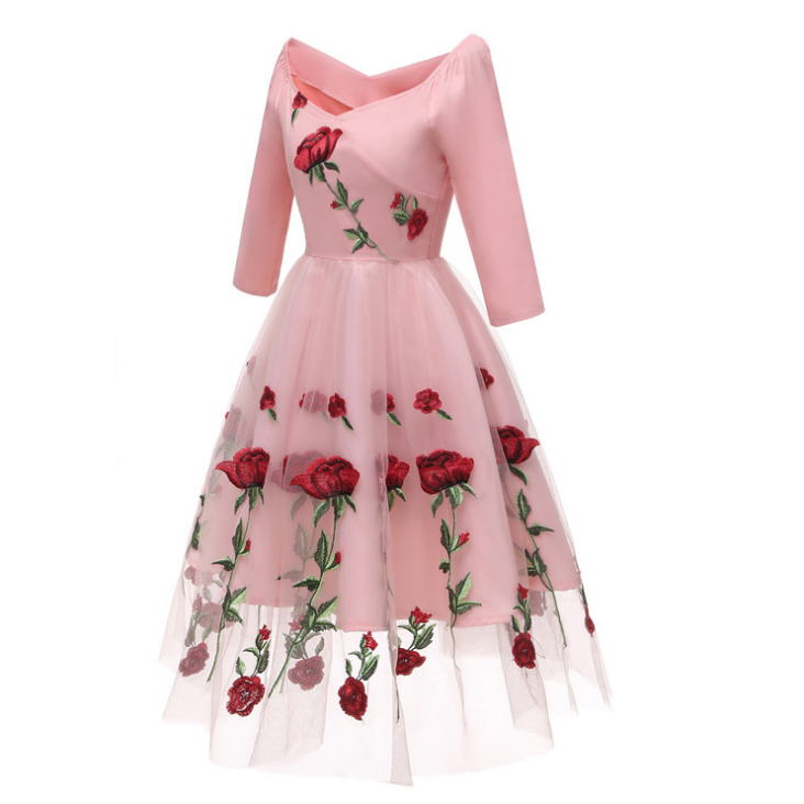 Design Vintage Style Mesh Rose Floral Dresses