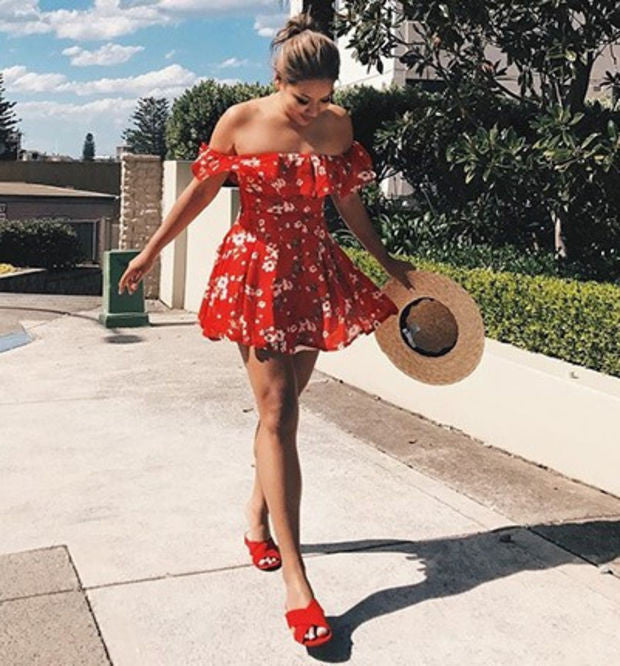 Red Floral Print Off The Shoulder Chiffon Romper