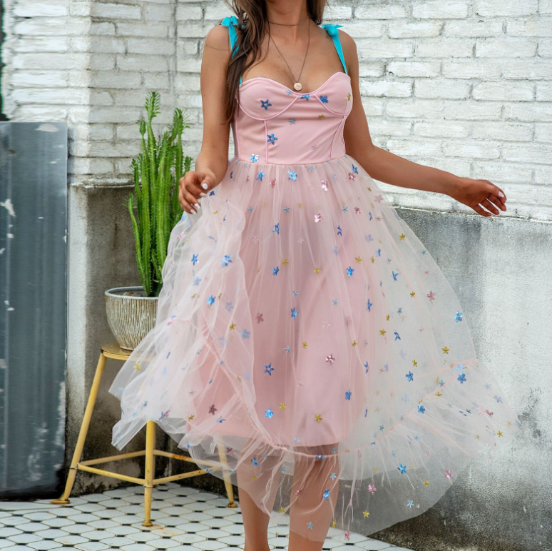 Sequin Embroidery Sling Star Mesh Dress