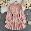 Solid Color Puff Sleeve Temperament Ruffle Dress