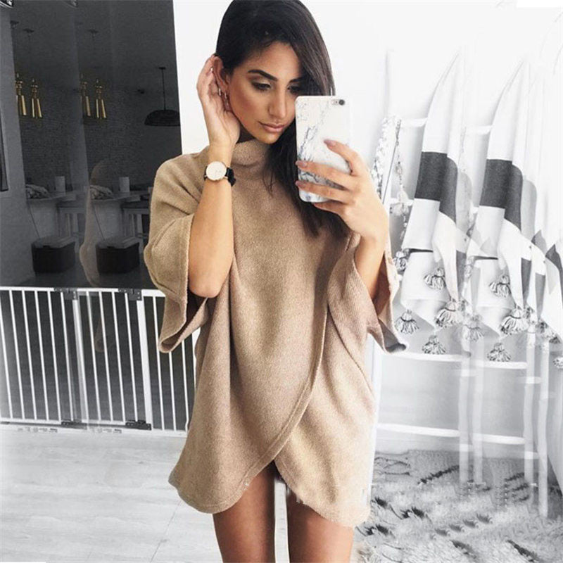 Solid color long-sleeved high-necked dress