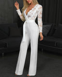 Sweet Long-Sleeved Stitching Lace Jumpsuit