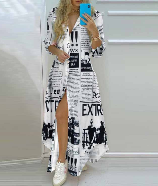 Printed Button Long-Sleeved Temperament Fashion Dress