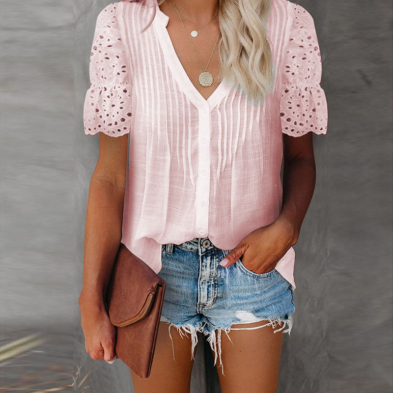 Solid Color V-Neck Lace Short-Sleeved Shirt Top