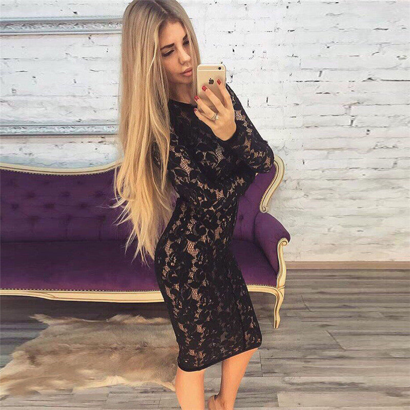 Sexy Round Neck Long-Sleeved Lace Package Hip Dress