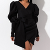 Women V-Neck Wrapped Chest Bow Long Sleeve Dress